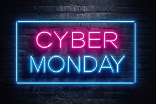 Glowing neon sign displaying cyber monday sale announcement against dark brick wall background