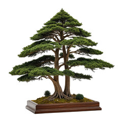 Lush, multi-trunk bonsai tree in a rectangular wooden planter