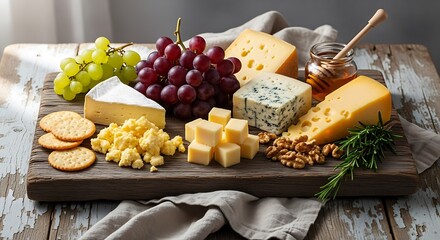 Assorted cheeses and fruits arranged on a wooden board for a snack time