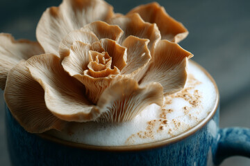 Closeup of a delicate mushroom flower artfully placed on frothy coffee