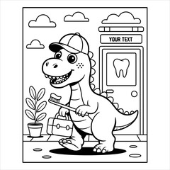 Dinosaur Dentist Cartoon Vector, Cute Dino Dental Illustration, Kids Dinosaur Toothbrush Artwork.