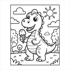 Cute Dinosaur Coloring Page for Kids Fun Prehistoric Cartoon with Ice Cream, Happy Dino Illustration Printable Dinosaur Coloring Sheet for Children, Cartoon Dinosaur Eating Ice Cream .