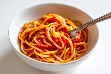 Spaghetti with tomato sauce in a white bowl, isolated on white background