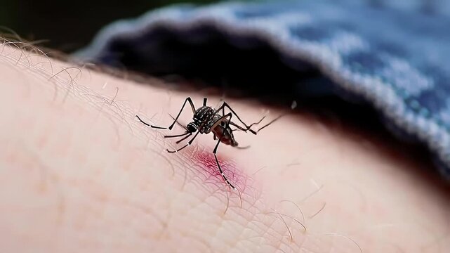 Close-up of a mosquito biting human skin to draw blood causing irritation Dangerous insect vector of disease pests like dengue and malaria
