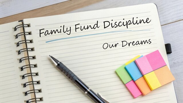 Family Fund Discipline for Budgeting Dreams and Goals with Sticky Notes on Notebook and Pen for Planning Finances
