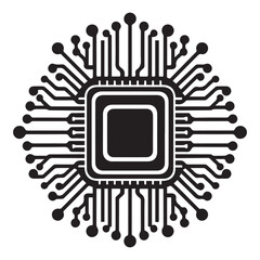 Minimalist black and white icon of a square microchip with a solid center and radiating pins on a white background
