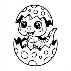 Cute Baby Dinosaur Coloring Page Cartoon Dino Hatching from Egg, Happy Dinosaur Illustration Printable Kids Activity Coloring Sheet with Dino Egg, Cartoon Baby Dino in Egg Fun Children's.