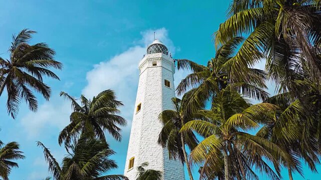 The Dondra Head Lighthouse in Matara, Sri Lanka, the southernmost point of the island, surrounded by coconut trees and ocean under a bright windy sky. 4K Footage