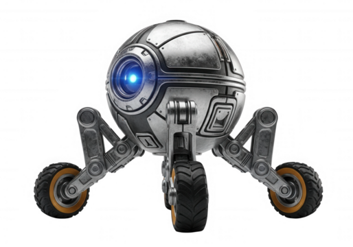 Spherical robot with blue eye and wheels isolated on a transparent background