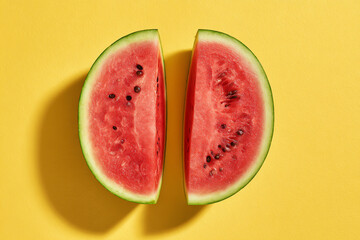 Two halves of a juicy watermelon on a bright yellow background
