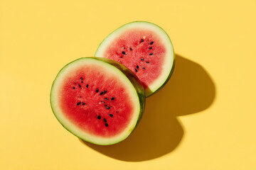 Two halves of a fresh watermelon on a bright yellow background