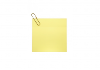 Yellow paper note attached with metal clip isolated on a transparent background