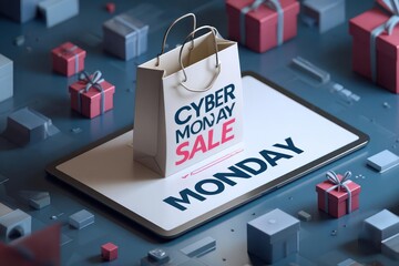 Cyber monday sale shopping bag placed on tablet screen surrounded by gift boxes and cubes