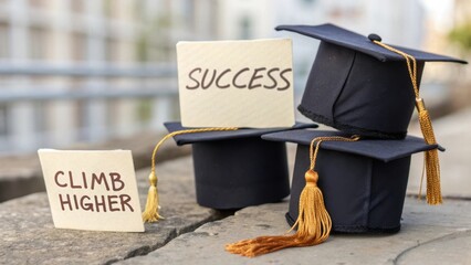 Graduation caps with inspirational messages promoting achievement and motivation, representing academic success and aspiration