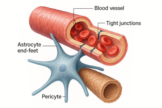 Illustration of a blood vessel with red blood cells, showing astrocyte end-feet and a pericyte.