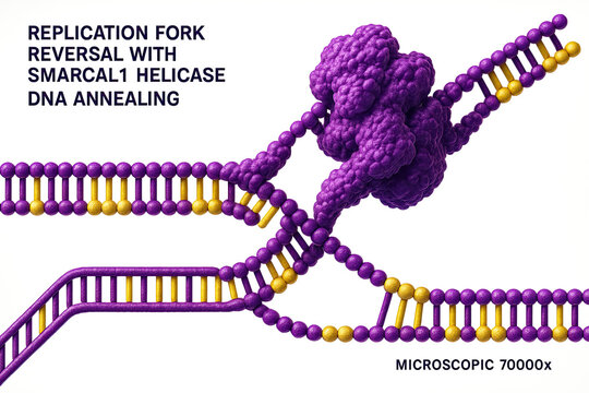 Scientific illustration of DNA replication fork reversal with SMARCAL1 helicase and DNA annealing at 70000x magnification.