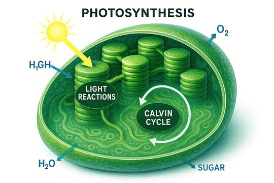 Diagram Illustrating the Process of Photosynthesis within a Chloroplast, Showing Light Reactions and the Calvin Cycle, Inputs of Sunlight, Water, and Outputs of Oxygen and Sugar.
