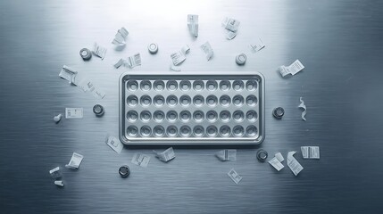 Empty vaccine vial tray placed on sterile metal surface, labels peeled and scattered caps.