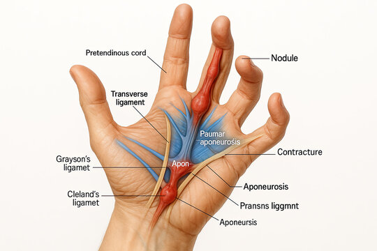 Anatomical illustration of Dupuytren's contracture affecting the palmar fascia and tendons of the hand, showing nodules, pretendinous cords, and ligamentous structures.