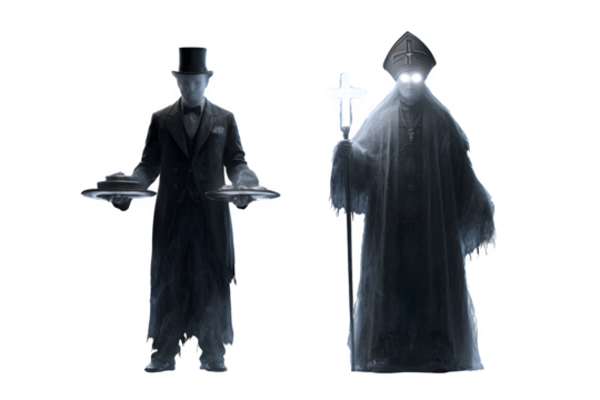 Spooky spectral butler serving and ghostly glowing pope holding cross, eerie horror concept for Halloween themed designs and paranormal investigations. A Halloween Design