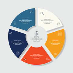 Vector infographic label design with a circle infographic template design and 5 options or steps. Can be used for process diagrams, presentations, workflow layouts, banners, flowcharts, and infography
