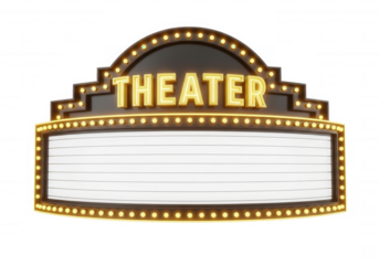 Marquee theater sign with glowing bulbs isolated on a transparent background