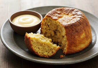A traditional British pudding, golden and steamed, served on a rustic plate with custard or sauce, set on a cozy table for British Pudding Day