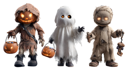 Whimsical Halloween trio with glowing eyes trick or treating in adorable pumpkin costumes and ghost attire, perfect for festive holiday designs. A Halloween design