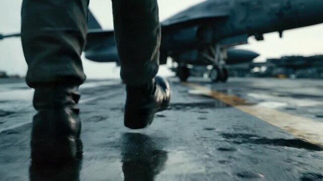 Low angle shot of a soldier in military boots walking on a wet aircraft carrier deck towards a parked fighter jet