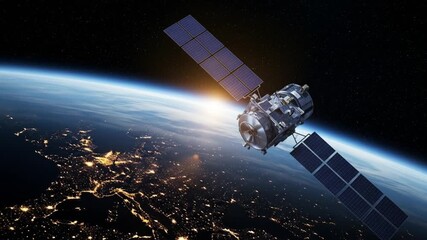 Satellite orbiting Earth, illuminating the expanse of space and the cities below - Powered by Adobe