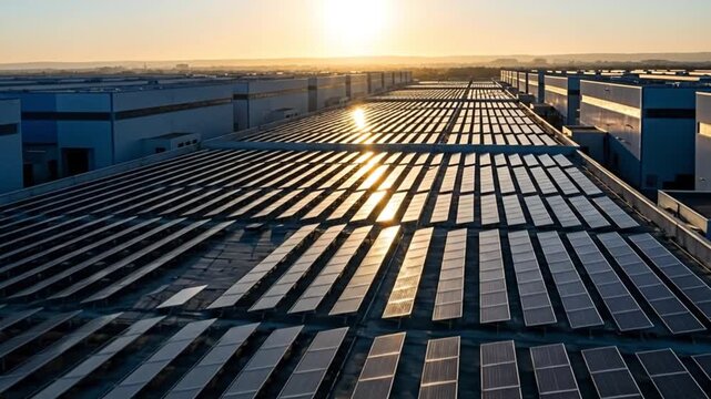 Golden hour illuminates vast industrial complex rooftop covered with numerous solar panels, symbolizing a commitment to green energy and technological advancement