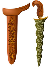 Traditional Bugis Keris Vector with Ornate Blade and Carved Wooden Sheath