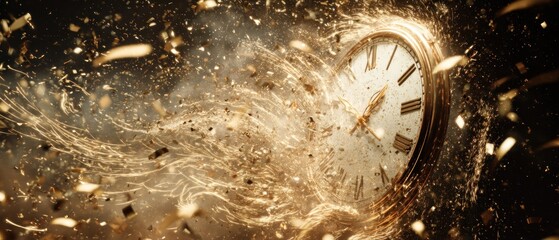 Abstract image of a clock with sparks and confetti