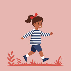 Joyful young girl walking happily in a striped shirt and shorts, flat vector illustration on a pink background.
