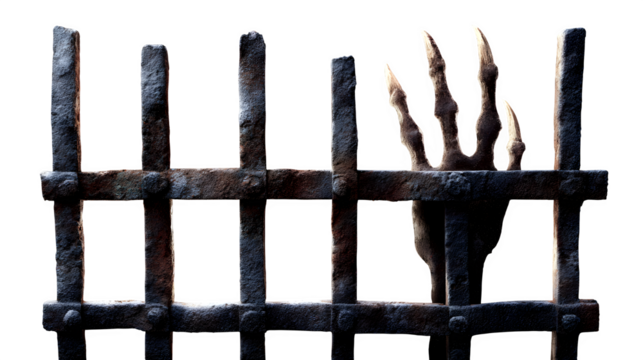 Fingers of a skeletal hand reaching through rusty prison bars, symbolizing entrapment and horror. A Halloween design