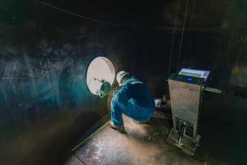 Male worker inspection floor scan tank oil of rust wall, loss of thickness bottom plate in the manhole tank to work inside