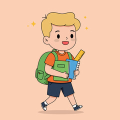 Happy schoolboy walking with backpack, books, and ruler. Cute student character illustration for education and learning concept.