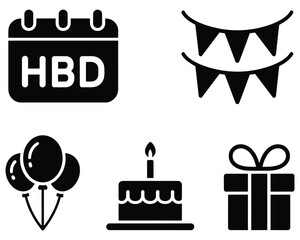 Birthday Celebration Icons Calendar, Bunting, Balloons, Cake, and Gift Box