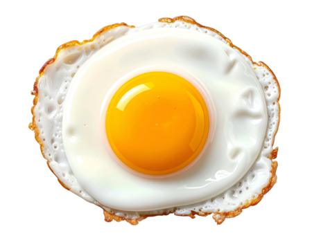 Overhead shot of a perfectly cooked fried egg, yolk bright yellow, white edges crispy
