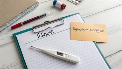 Health Monitoring Tools for Illness Tracking with Clipboard, Thermometer, and Medication on a Wooden Table
