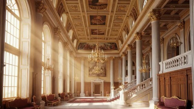 magnificent hall with towering fluted columns ornate golden ceilings and large arched windows streaming sunlight Velvet settees line the walls grand staircase ascends and chandeliers illuminate the op