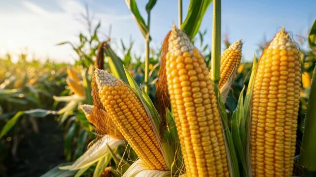 close-up view of vibrant yellow corn cobs with visible kernels on green stalks in sun-drenched field The background shows more corn plants under bright sky hinting at bountiful harvest