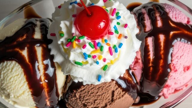 Delicious ice cream sundae with a cherry on top.