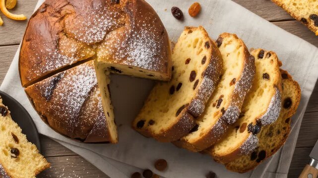 Sliced panettone with raisins and powdered sugar