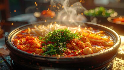 Aromatic Asian Noodle Soup with Steam in a Black Bowl Cinematic Lighting