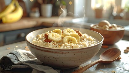 Warm and Nutritious Oatmeal Bowl with Banana Slices.