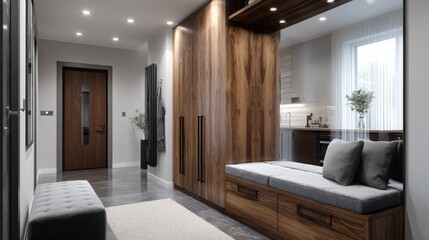Modern hallway with stylish wooden elements and comfortable seating area during bright daylight