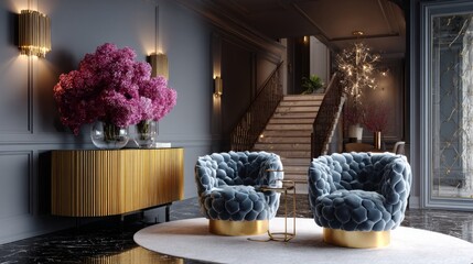 Modern interior design featuring luxurious chairs and elegant decor in a stylish home entrance