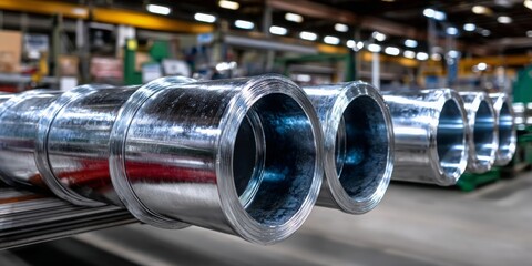 Metal pipes are displayed on a production line in a manufacturing facility in the afternoon light