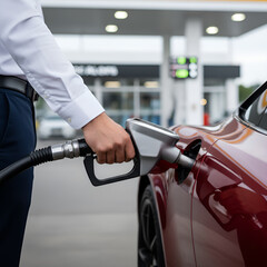Professional businessman in a suit fills up his red luxury car at a gas station. Focus on the hand and the fuel pump.